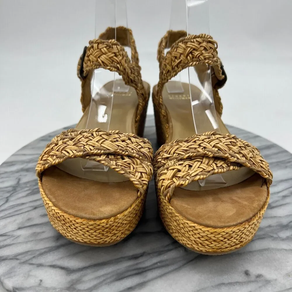 Stuart Weitzman Womens 7.5 Sandals Camel Crochet Braid Wedge Espadrille Platform - Picture 3 of 12